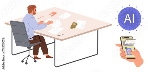 Man organizing paperwork at a desk, using AI-powered smartphone for task management. Ideal for productivity, technology, office work, AI, communication, multitasking digital tools. Simple flat