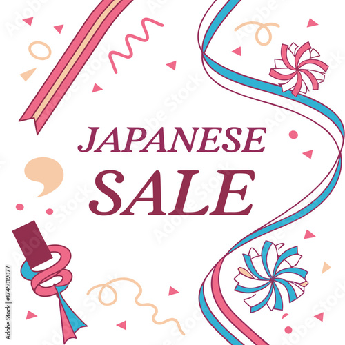 Celebrate with a japanese sale featuring festive ribbons confetti and decorative elements in a vibrant color palette announcing special offers and discounts