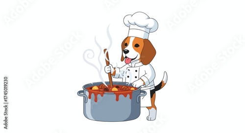 Beagle dog chef cooking delicious stew in a pot.