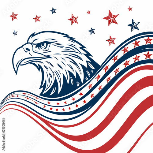 Majestic bald eagle head in profile with flowing american flag stripes and scattered stars in red white and blue patriotic colors
