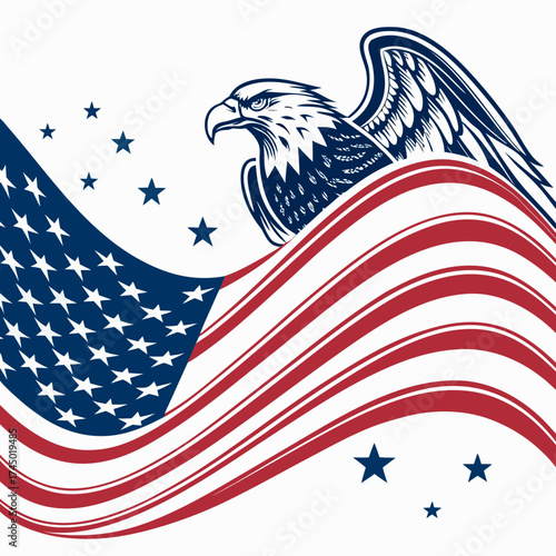 Majestic eagle soaring above a waving american flag with stars and stripes symbolizing patriotism and freedom