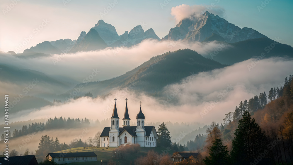 Fototapeta premium Landscape mountain range with a church in the foreground. Mountains are covered in a thick layer of fog generative AI