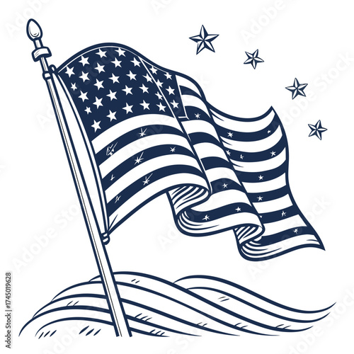 Stylized american flag waving proudly with stars and stripes on a white background