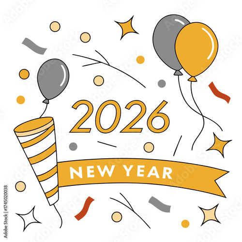 Happy new year 2026 celebration with balloons confetti and party popper in a festive design