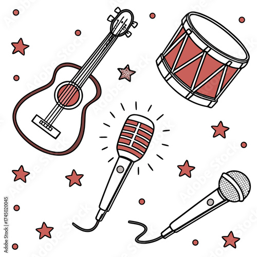 A vibrant illustration of musical instruments including a guitar drum and microphones surrounded by stars and dots creating a festive and energetic mood