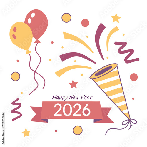 Festive happy new year 2026 celebration with balloons confetti and party popper on white background