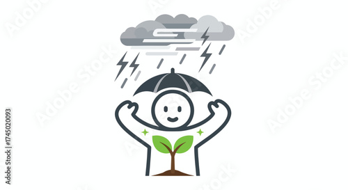 Person holding umbrella protecting plant from rain and lightning.