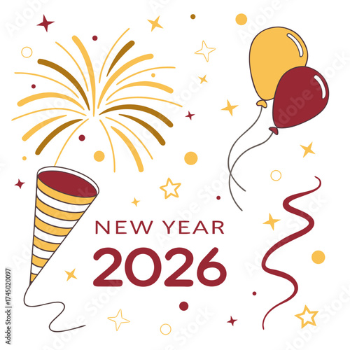 Happy new year 2026 celebration with fireworks balloons confetti and party popper in festive colors