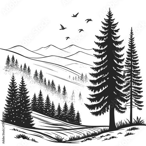 Mountain landscape with pine forest silhouette, nature scene vector illustration