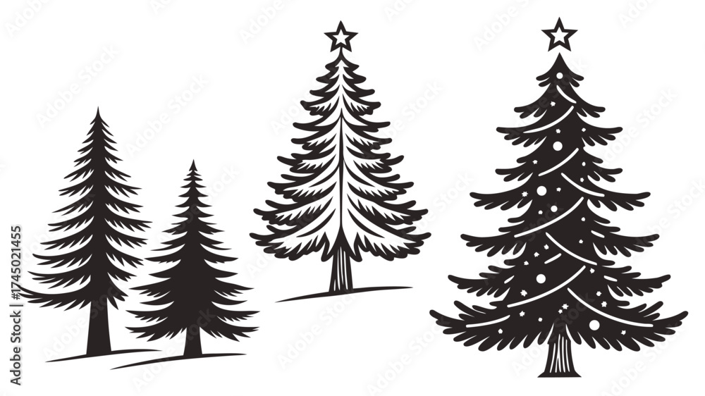 Obraz premium Christmas pine tree silhouette with star, black winter holiday tree vector illustration