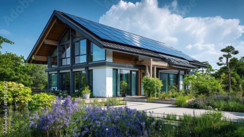 Wallpaper Mural Modern House with Solar Panels on the Roof in a Green and Sunny Garden Torontodigital.ca