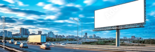 Vibrant City Skyline with Blank Highway Billboards for Outdoor Advertising Campaigns at Sunset