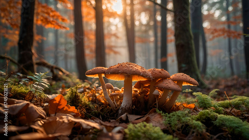 Misty autumn forest with detailed mushrooms on moss, warm sunlight and harmonious colors. Perfect for nature and seasonal designs.