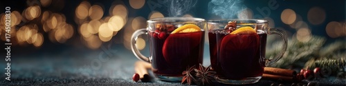 Two Mugs of Mulled Wine with Orange and Spices on Festive Bokeh Background