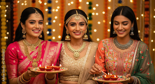 Three indian women in traditional attire holding oil lamp plate