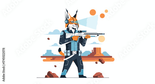 Anthropomorphic Lynx Warrior with Futuristic Rifle in Desert Landscape.