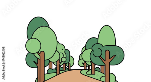 A charming cartoon illustration of a winding path through a stylized forest.