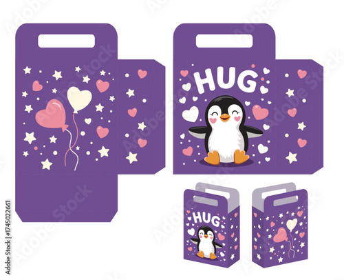 A gift bag template for a gift with a funny penguin. Gift package