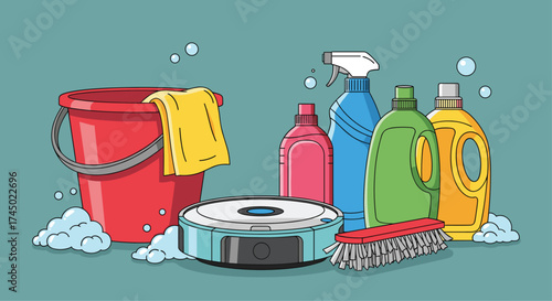 A collection of cleaning supplies and a robotic vacuum cleaner on a blue background.