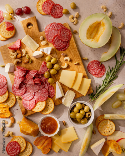 gourmet charcuterie board with assorted salami, cheese slices, brie wedges, olives, crackers, melon, grapes, apple slices, cashews, rosemary, honey dip on rustic wood, festive daylight party snack