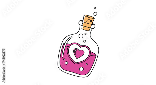 A charming bottle filled with a pink liquid and a heart symbol inside.