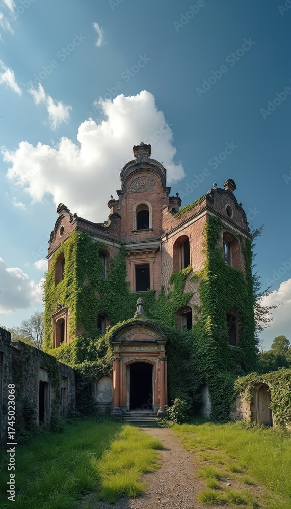 Fototapeta premium Abandoned ornate brick building overgrown with green ivy. Old ruined mansion with broken windows, arched doorway. Nature reclaims historic architecture. Cloudy blue sky above. Grassy area surrounds