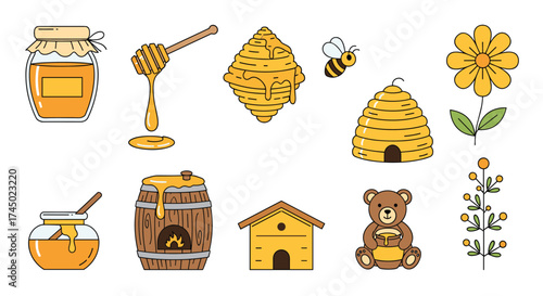 A collection of sweet honey and bee themed icons.