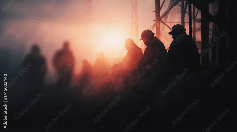 Fototapeta premium Silhouetted industrial workers take a break amidst hazy morning or evening light and construction structures