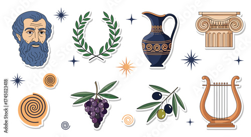 Ancient greek cultural symbols and artifacts illustration.
