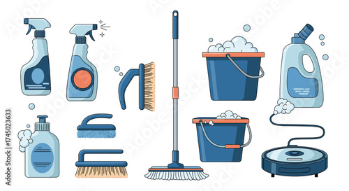 A collection of cleaning supplies and tools for a spotless home.