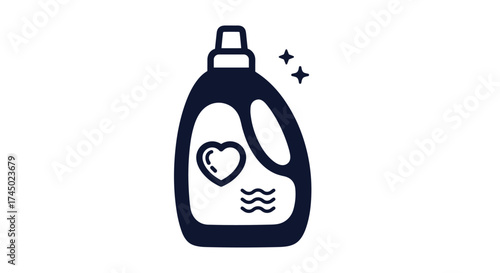 A dark blue icon of a laundry detergent bottle with a heart and waves symbol is depicted.
