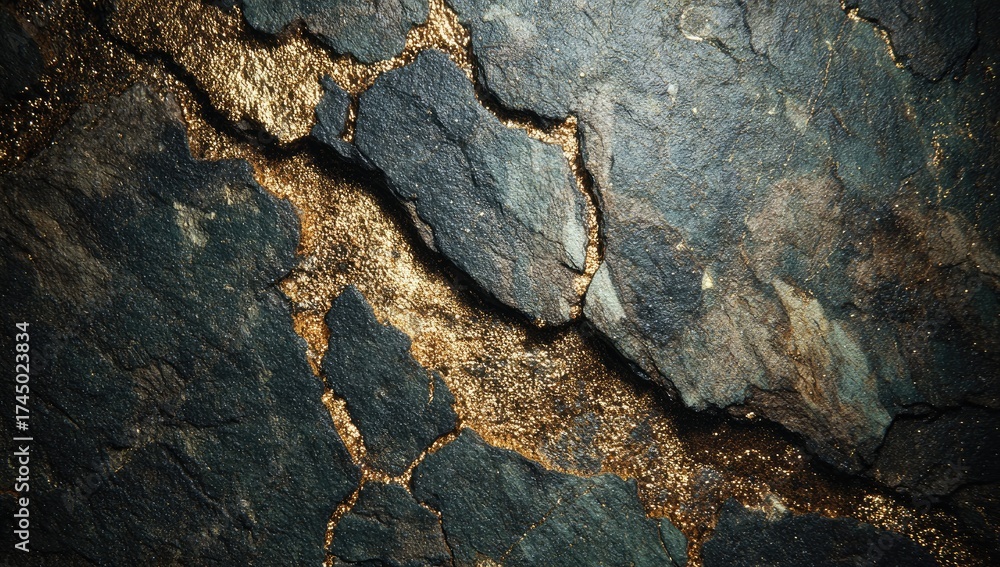 Obraz premium Close-up view of a dark, fractured rock formation with veins of golden material