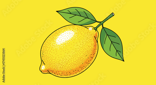 A bright yellow lemon with two green leaves sits on a bright yellow background.