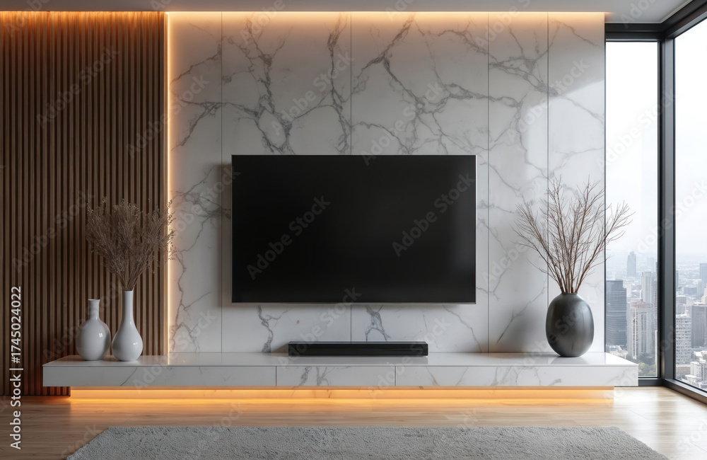 Fototapeta premium Stylish living room boasts gray marble wall with integrated TV unit. Warm lighting wood paneling, sleek design elements. Vases add subtle decor touches to modern apartment interior. City view visible