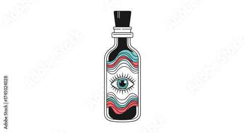 An illustrated bottle with an eye design and wavy lines.