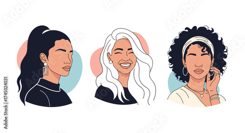 Portraits of three women with diverse hairstyles and earrings.
