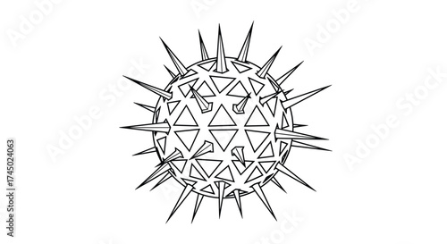 Abstract geometric spherical virus with sharp spikes on its surface.