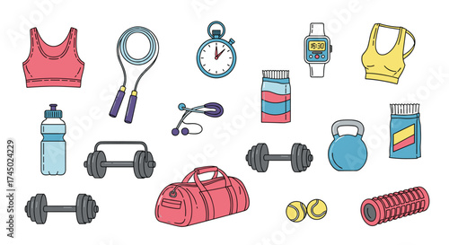Collection of fitness equipment and sportswear items.