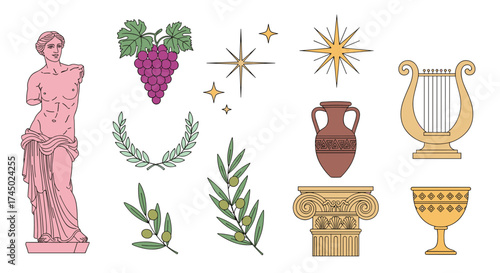 An ancient greek collection of aesthetic elements including statues amphorae and olives.