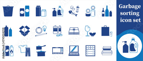 Garbage sorting icon set, flat, design, sorting, clean, blue, electronics, line, truck, sign, cardboard, lamp, collection, thin, save, dustbin, object, box and more