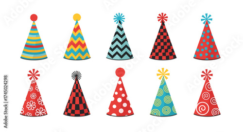 A collection of ten festive party hats in various colorful patterns and designs.