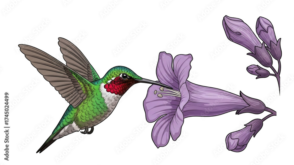 Obraz premium Vibrant hummingbird feeding on purple flower blossoms