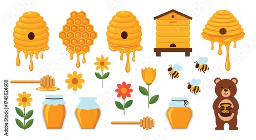 Collection of hive and honey related illustrations.