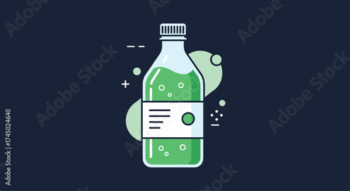 A clear green liquid in a bottle with a label and bubbles.