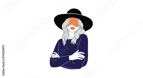 Stylish woman wearing a wide-brimmed hat and a dark blue top.