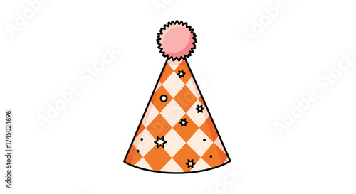 A festive orange and white checkered party hat adorned with small stars and a fluffy pink pom-pom on top.