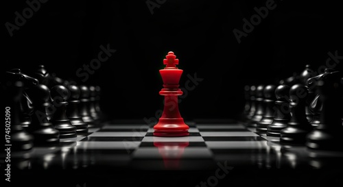 Red King Stands Alone Against Black Army on Chessboard