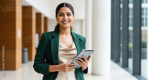 A confident businesswoman in a green blazer and cream top stands in a contemporary office holding a tablet