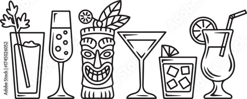 Tropical Cocktail Drinks Outlines Collection Black and White Line Art