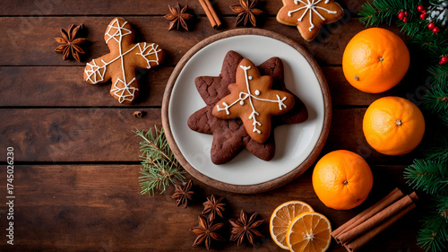 Warm Christmas flat lay with cookies, cocoa, spices, and rustic details creating a cozy festive feeling.